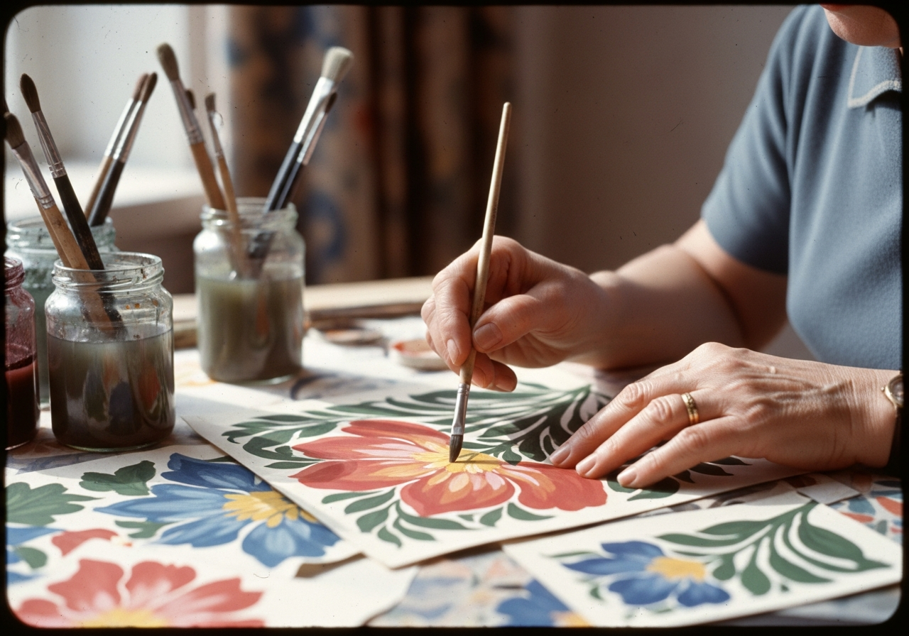Kati's hands painting a floral print by brush